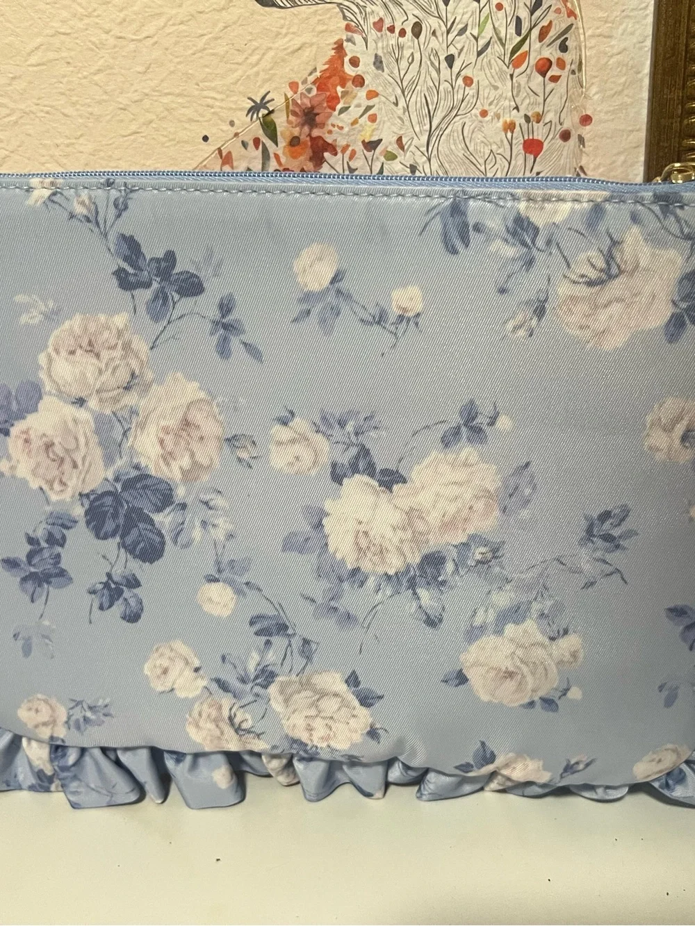 LoveShackFancy Light Blue Floral Ruffle Cosmetic Bag